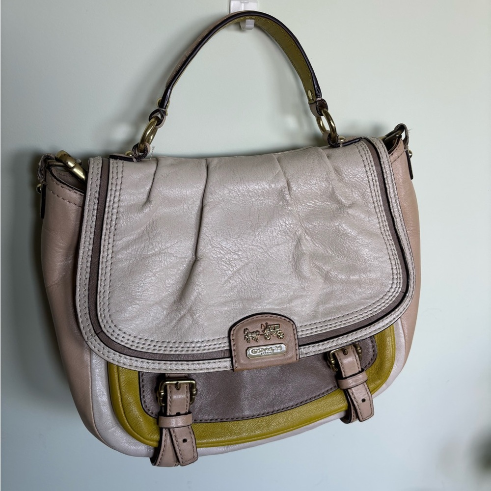Coach Cream, greenand tan  Leather Shoulder Bag